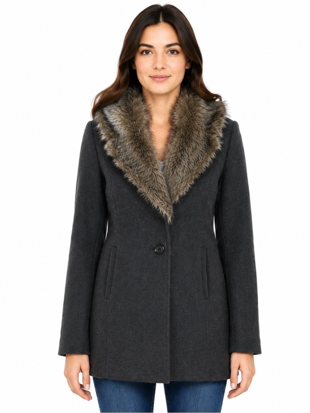 Forever 21 Charcoal Wool Blend Pea Coat Faux Fur Collar Size Small